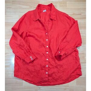 Sigrid Olsen Womens 1X Red 100% Linen Button Down Roll Tab Sleeve Shirt Plus Sz